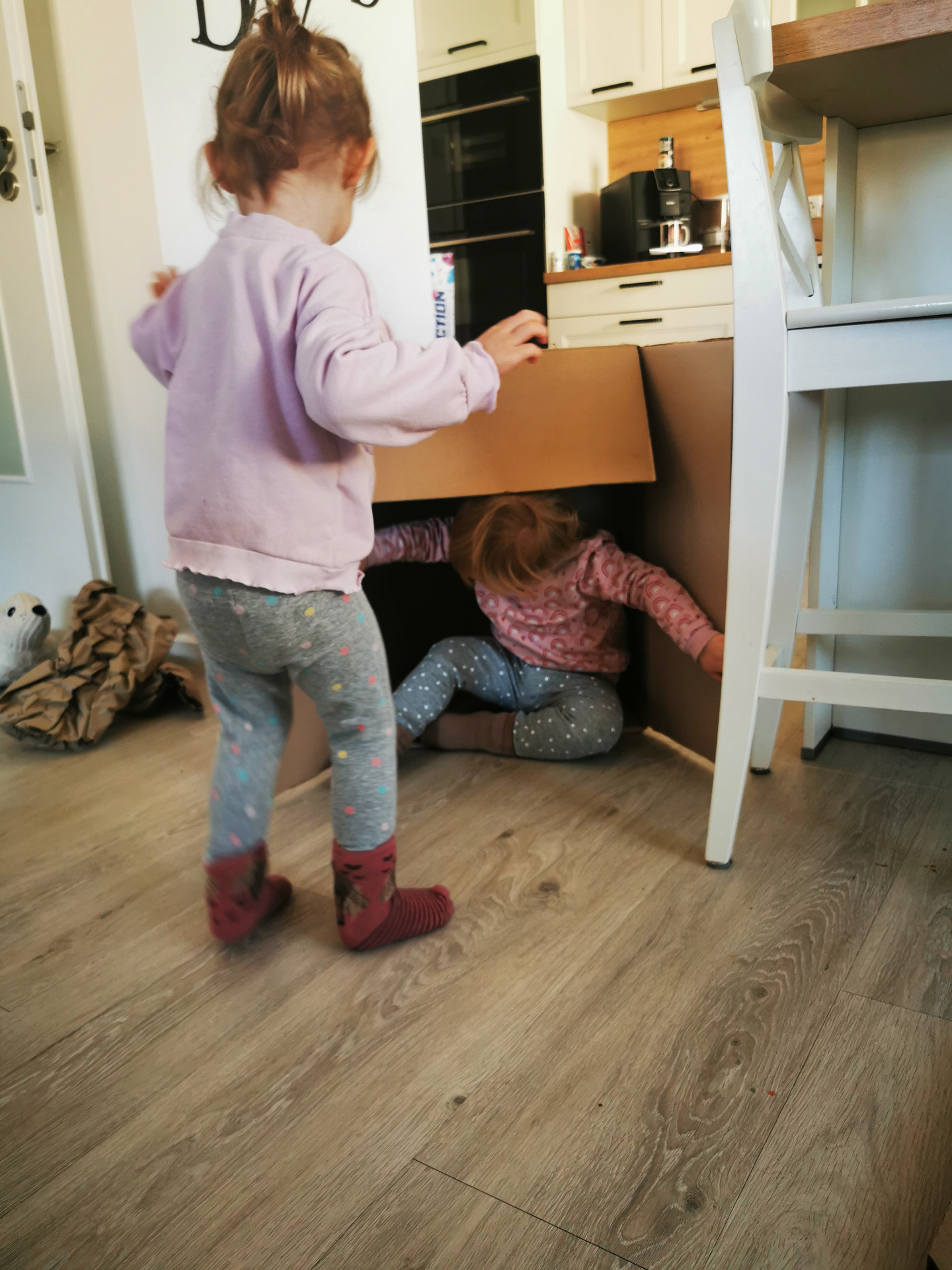 Kinder spielen mit großem Karton